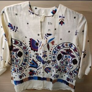 Boutique Linen Top With Stunning Colorful Accent NWT size M